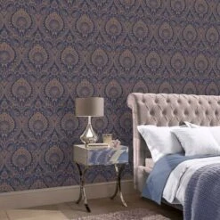 Damask Wallpaper Navy Blue Gold Metallic Shimmer Textured Arthouse Decoris -Berghaus Sales 12359868 3