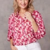 Geo Tile Balloon Sleeve Drop Hem Blouse