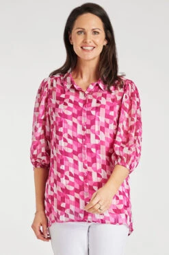 Geo Tile Balloon Sleeve Drop Hem Blouse -Berghaus Sales 900315263 alt3